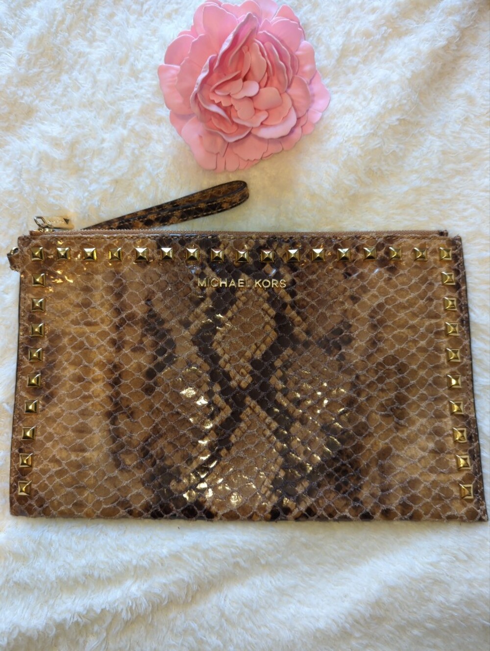 Michael Kors Brown Snake-Print Leather Studded Large Wristlet Clutch Holds Phone